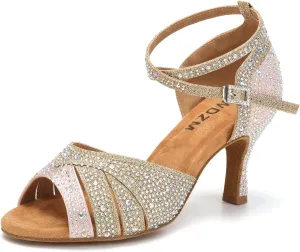 SWDZM Women Rhinestone Ballroom Dance Shoes Latin Salsa Performance Dancing Shoes
