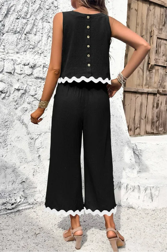 Two Piece Wavy Hem Top & Pant Set (Black)