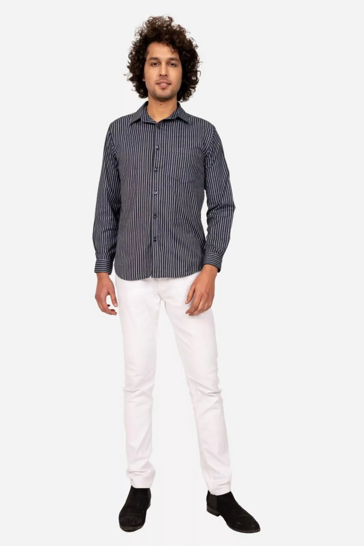 White And Navy Blue Striped Cotton Shirt