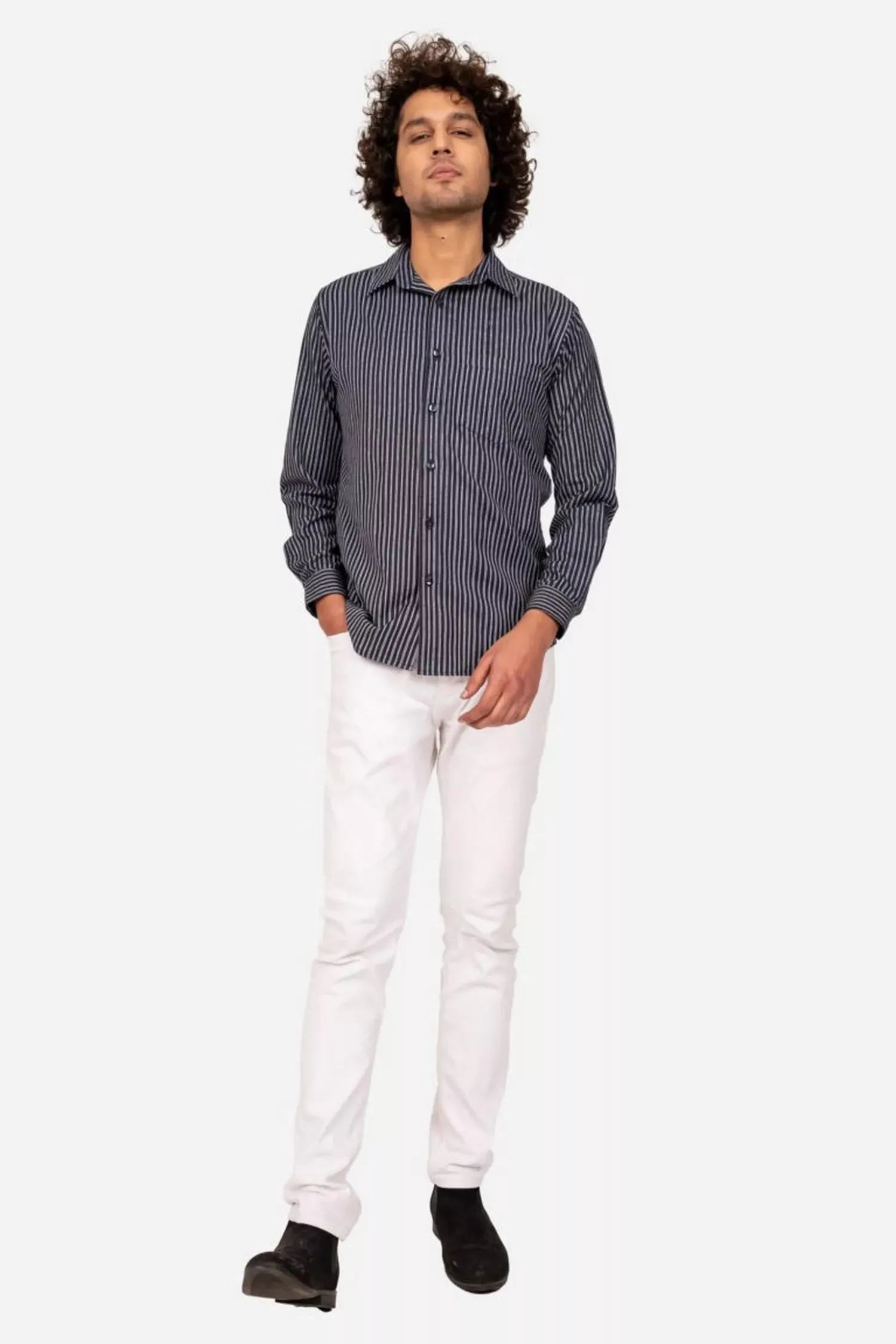 White And Navy Blue Striped Cotton Shirt