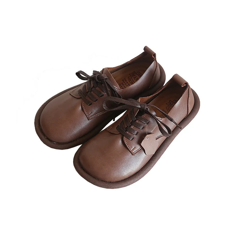 Women Soft Cowhide Round Head Retro Loafers
