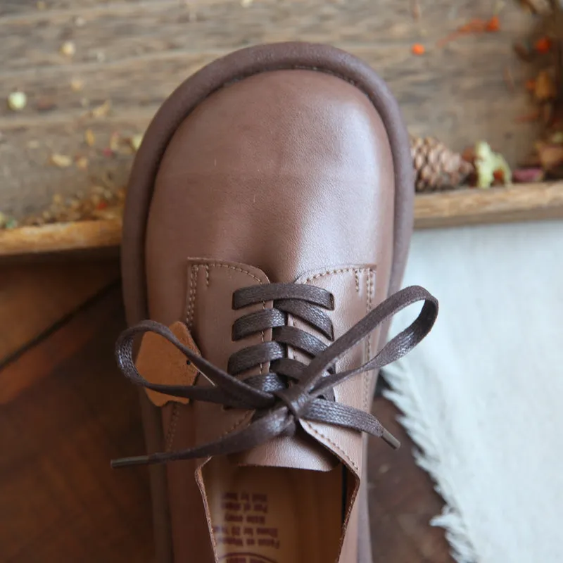 Women Soft Cowhide Round Head Retro Loafers