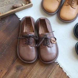 Women Soft Cowhide Round Head Retro Loafers