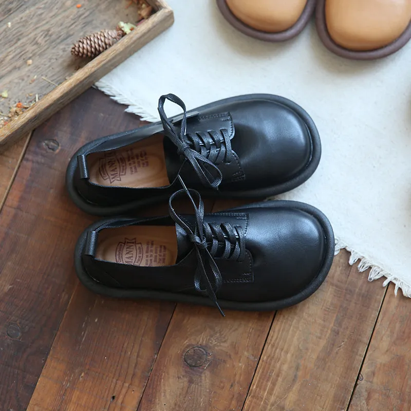 Women Soft Cowhide Round Head Retro Loafers