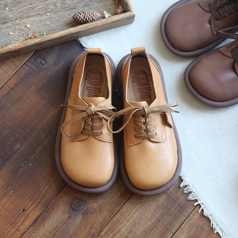 Women Soft Cowhide Round Head Retro Loafers