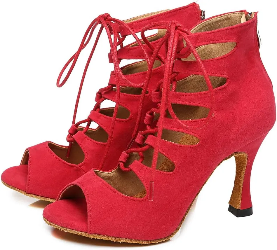 YKXLM Women Open Toe Dance Boots Latin Salsa Ballroom Lace-up Ankle Dance Shoes,YCL456