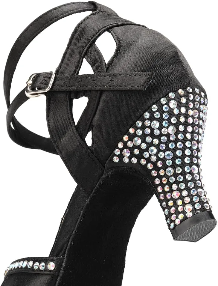 YKXLM Women Rhinestone Ballroom Dance Shoes Latin Performance Dance Shoes Women Suede Sole