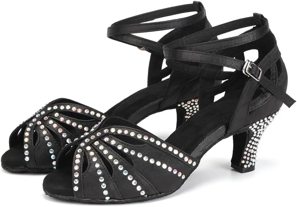 YKXLM Women Rhinestone Ballroom Dance Shoes Latin Performance Dance Shoes Women Suede Sole