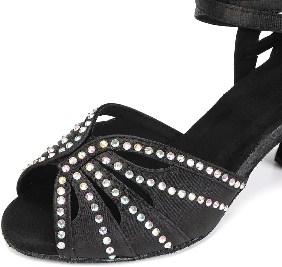 YKXLM Women Rhinestone Ballroom Dance Shoes Latin Performance Dance Shoes Women Suede Sole