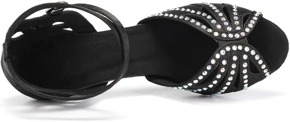 YKXLM Women Rhinestone Ballroom Dance Shoes Latin Performance Dance Shoes Women Suede Sole